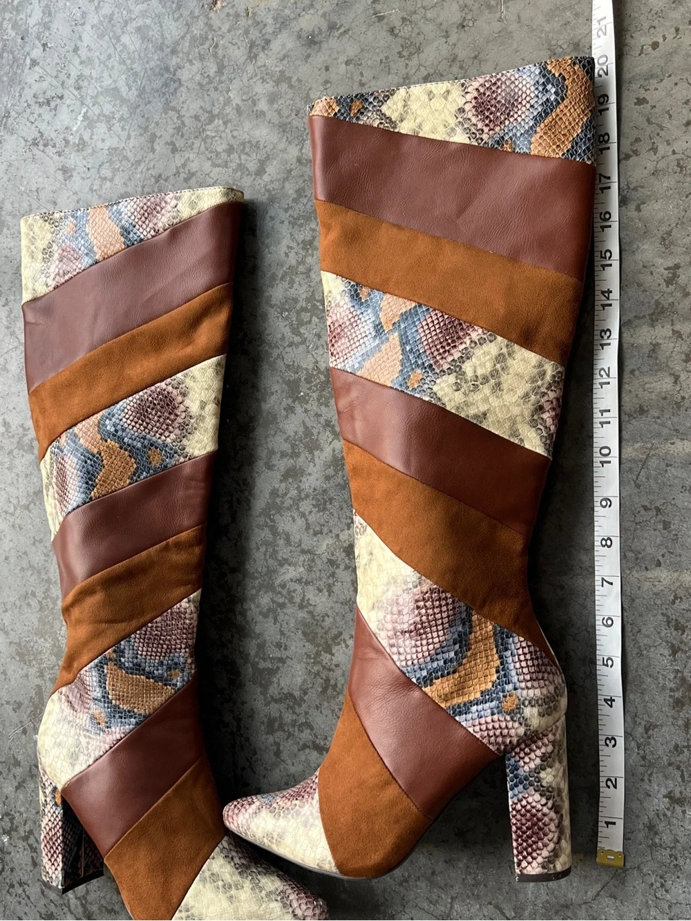 Knee High Patchwork Snake Print Brown Faux Leather Heeled Boots Women’s 7.5